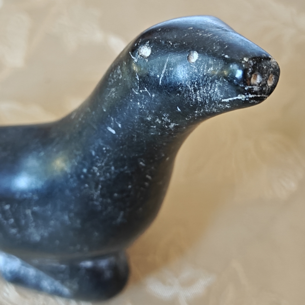 Original Indigenous Inuit Art Black Stone Seal Figurine Signed
